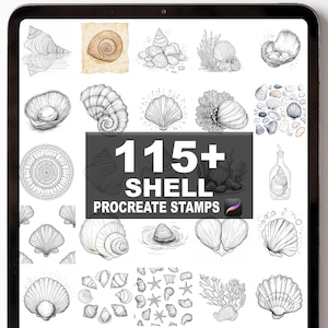 May include: A digital tablet screen displays a collection of shell illustrations. The image features various shell designs, including detailed line drawings and shaded renderings. Text on the screen reads "115+ SHELL PROCREATE STAMPS".