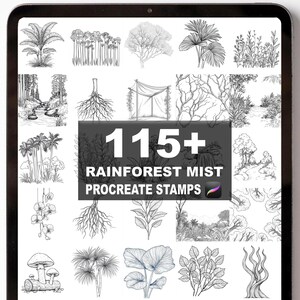 Puede incluir: Una tableta digital muestra una colección de sellos Procreate en blanco y negro con temática de selva tropical. La imagen presenta varias ilustraciones de árboles, plantas y paisajes. El texto "115+ Rainforest Mist Procreate Stamps" se muestra de forma destacada.
