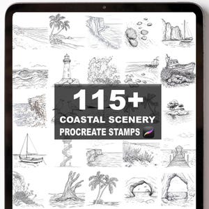 May include: A digital tablet displays a collection of 115+ coastal scenery Procreate stamps. The black and white illustrations depict various scenes, including waves, lighthouses, boats, and cliffs. The text "115+ COASTAL SCENERY PROCREATE STAMPS" is prominently displayed.