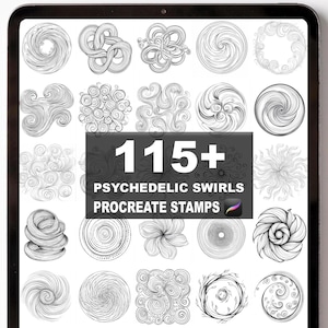 May include: A digital tablet displays a collection of black and white psychedelic swirl designs. The image includes the text "115+ PSYCHEDELIC SWIRLS PROCREATE STAMPS". The swirls vary in shape and style, including spirals, knots, and floral patterns.