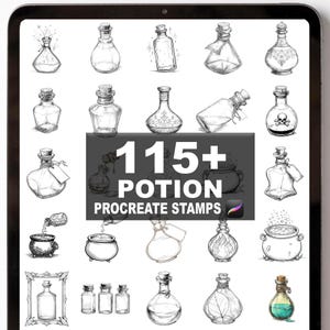 May include: Digital art of various potion bottles and cauldrons. The image includes a variety of bottle shapes, some with corks and labels. Text in the center reads "115+ POTION PROCREATE STAMPS". The image is displayed on a tablet.