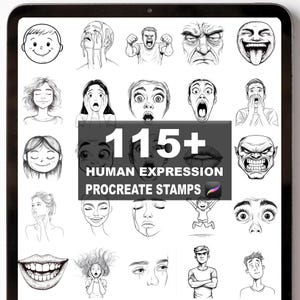 May include: A digital art collection displayed on a tablet screen. The image showcases a variety of black and white illustrations of human facial expressions. The text "115+ HUMAN EXPRESSION PROCREATE STAMPS" is also visible.