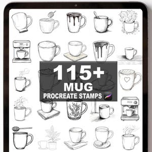 May include: A digital art image showcasing a collection of over 115 mug designs. The illustrations are in black and white, featuring various styles of mugs, coffee cups, and related items, perfect for Procreate stamps.