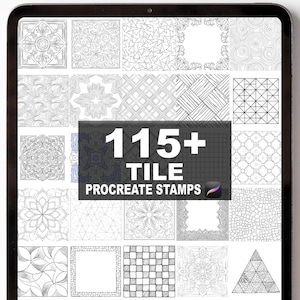 May include: A digital tablet displaying a collection of 115+ tile Procreate stamps. The stamps feature various black and white patterns, including geometric shapes, floral designs, and decorative borders. The tablet is black.