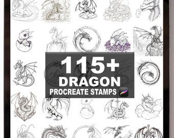 May include: A digital tablet displays a collection of dragon illustrations. The image features a variety of dragon designs, from sketches to detailed drawings. Text on the screen reads "115+ DRAGON PROCREATE STAMPS".