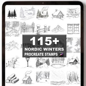 以下が含まれることがあります： 115以上のNordic Winters Procreate Stampsのデジタルアートディスプレイ。スタンプには、デジタルアートプロジェクトに最適な、冬の風景、小屋、木、橋の詳細な白黒イラストが含まれています。