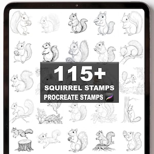 May include: A digital art display featuring a collection of over 115 squirrel stamps. The stamps are in black and white, showcasing various poses and activities of squirrels. The text "SQUIRREL STAMPS" and "PROCREATE STAMPS" is also visible.