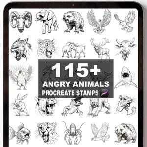 May include: A digital art collection of 115+ angry animal Procreate stamps. The black and white illustrations include a ram, elephant, bear, eagle, and shark. The image is displayed on a tablet.