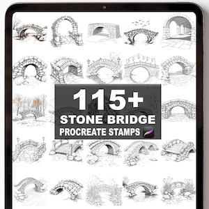 May include: A digital art collection of 115+ stone bridge Procreate stamps displayed on a tablet screen. The stamps feature various bridge designs, including arched, wooden, and stone structures. The image is in black and white.