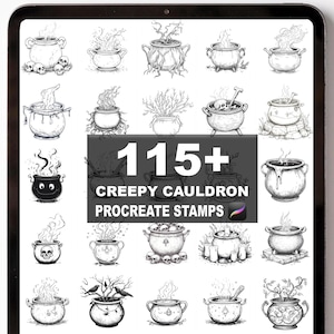 May include: A digital illustration featuring a collection of over 115 creepy cauldron Procreate stamps. The black and white drawings depict various cauldrons with smoke, skulls, and other spooky elements, perfect for digital art projects.