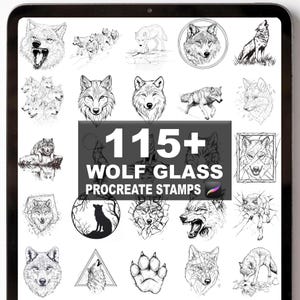 May include: A digital art collection of wolf illustrations and Procreate stamps. The images feature various wolf poses and styles, including detailed portraits, howling wolves, and paw prints. The text on the image reads "115+ WOLF GLASS PROCREATE STAMPS."