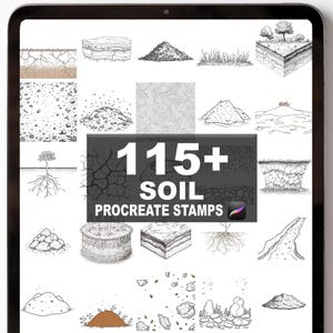 May include: A digital art product display on a tablet screen. The image showcases a collection of 115+ soil Procreate stamps, featuring various soil textures, cross-sections, and landscape elements in black and white.