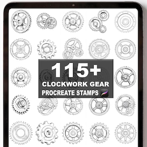 Puede incluir: Ilustración digital en pantalla de tableta que muestra varios diseños de engranajes de relojería. Incluye el texto "115+ CLOCKWORK GEAR PROCREATE STAMPS". Los engranajes están detallados en blanco y negro.