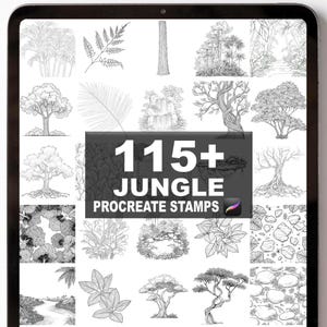Puede incluir: Una tableta digital muestra una colección de 115+ sellos de Procreate con temática de jungla. Los sellos son dibujos lineales en blanco y negro de varios árboles, plantas y elementos naturales, incluyendo helechos, cascadas y rocas. El texto "115+ JUNGLE PROCREATE STAMPS" se muestra.