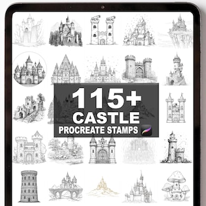 May include: A digital art display featuring numerous black and white castle illustrations. The image includes the text "115+ CASTLE PROCREATE STAMPS" in a bold, white font, indicating a collection of digital stamps for creative projects.