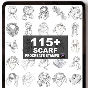 May include: Digital art display of various scarf designs. The image features multiple illustrations of scarves in different styles, with the text "115+ SCARF PROCREATE STAMPS" in the center. The scarves are primarily white and gray.