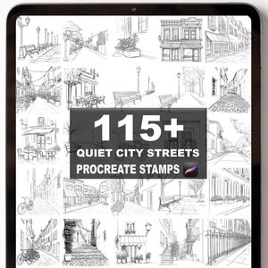 Könnte beinhalten: Ein digitales Tablet zeigt eine Sammlung von Schwarz-Weiß-Skizzen ruhiger Stadtstraßen. Der Text "115+ QUIET CITY STREETS PROCREATE STAMPS" ist überlagert. Die Skizzen zeigen Gebäude, Bänke und Straßenszenen.