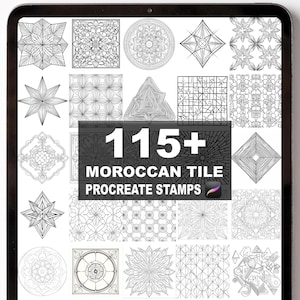 May include: A digital tablet shows a selection of black and white Moroccan tile designs. The image features diverse geometric patterns, stars, and floral motifs. Text on the screen reads "115+ Moroccan Tile Procreate Stamps."