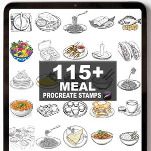Könnte beinhalten: Digitale Illustration verschiedener Essensstempel, darunter Pasta, Tacos, Obst und Pfannkuchen. Das Bild zeigt den Text "115+ MEAL PROCREATE STAMPS" in fetter, weißer Schrift, was auf eine Sammlung digitaler Stempel hinweist.
