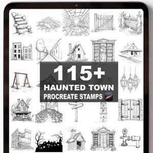 May include: A digital art collection of 115+ haunted town Procreate stamps. The stamps include illustrations of buildings, gates, and other elements in a black and white sketch style, perfect for digital art projects.