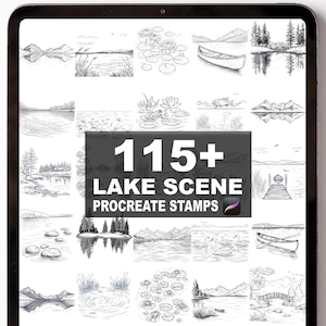 Può includere: Una collezione di arte digitale visualizzata su uno schermo di tablet. La collezione presenta oltre 115 timbri Procreate di scene lacustri. I timbri sono disegni a tratto in bianco e nero di varie scene lacustri.
