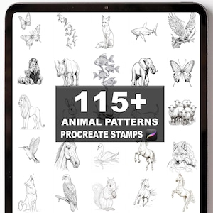 May include: A digital tablet shows various animal illustrations, including a fox, shark, elephant, butterflies, and lions. The tablet's text reads "115+ Animal Patterns Procreate Stamps". The images are in black and white.