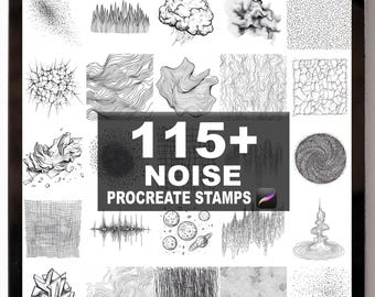 Puede incluir: Una tableta digital muestra una colección de sellos Procreate en blanco y negro. La imagen presenta diversas texturas, patrones y elementos gráficos, incluyendo líneas, puntos y formas orgánicas. El texto "115+ NOISE PROCREATE STAMPS" es visible.