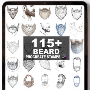 May include: A digital tablet displays a collection of beard illustrations. The image features various beard styles in black and white, with some colored examples. Text on the image reads "115+ BEARD PROCREATE STAMPS".