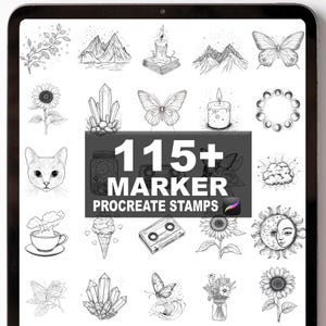 May include: A digital art collection displayed on a tablet screen. The image features various black and white illustrations, including flowers, crystals, butterflies, and the text "115+ MARKER PROCREATE STAMPS."