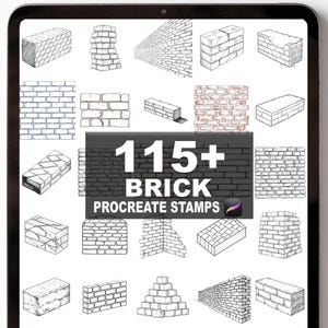 May include: A digital tablet shows a selection of brick-themed Procreate stamps. The image presents diverse brick patterns, including detailed sketches and renderings of brick walls, corners, and individual bricks. The text reads "115+ BRICK PROCREATE STAMPS."
