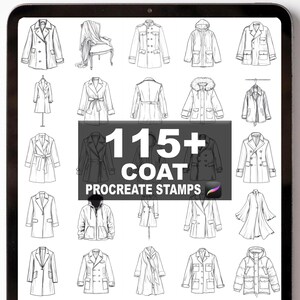Peut inclure: Illustration numérique de différents modèles de manteaux. L'image présente une variété de styles de manteaux, y compris des trench-coats, des parkas et des blazers. Le texte "115+ COAT PROCREATE STAMPS" est affiché au centre de l'image.