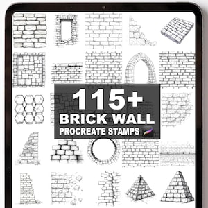 May include: A tablet screen displaying a digital art collection of over 115 brick wall Procreate stamps. The black and white illustrations showcase various brick patterns, arches, and architectural elements for digital art.