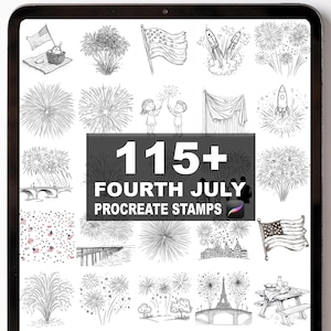 May include: A digital illustration on a tablet screen featuring various Fourth of July-themed Procreate stamps. The stamps include fireworks, American flags, rockets, and picnic scenes. The text reads "115+ Fourth July Procreate Stamps."