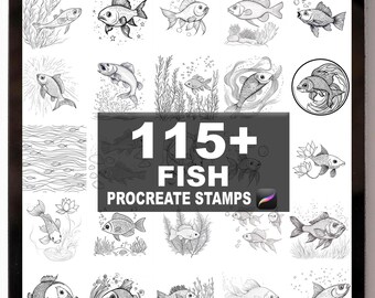May include: A digital art display featuring numerous black and white fish illustrations. The image includes the text "115+ FISH PROCREATE STAMPS". The fish designs vary in style, with some detailed and others more simplistic.