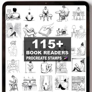Puede incluir: Sellos de arte digital para Procreate con más de 115 ilustraciones de personas leyendo libros. Las imágenes son dibujos lineales en blanco y negro en una tableta. El texto dice "115+ BOOK READERS PROCREATE STAMPS".