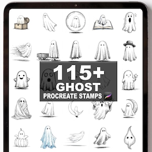 Może przedstawiać: Cyfrowa wystawa sztuki z licznymi ilustracjami duchów w różnych stylach. Obraz zawiera tekst "115+ GHOST PROCREATE STAMPS". Duchy są przedstawione w czerni i bieli, niektóre w skali szarości.