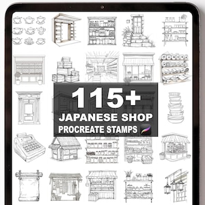 May include: A digital art image showcasing a collection of over 115 Japanese shop Procreate stamps. The stamps include illustrations of teacups, storefronts, doors, shelves, and other shop-related elements, all in a black and white line art style.