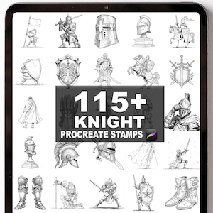 May include: A digital tablet displays a collection of knight illustrations. The images are in black and white and include knights in armor, helmets, shields, and horses. Text on the tablet reads "115+ KNIGHT PROCREATE STAMPS".