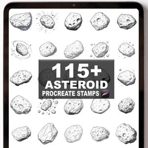 May include: A digital art display featuring a collection of 115+ asteroid Procreate stamps. The stamps are grayscale illustrations of various asteroid shapes and sizes, set against a black background.