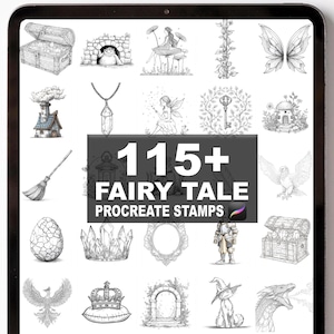 May include: A digital art collection displayed on a tablet screen. The image features over 115 fairy tale Procreate stamps, including illustrations of fairies, castles, keys, and dragons. The text "115+ Fairy Tale Procreate Stamps" is prominently displayed.