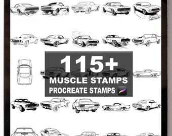 May include: A digital illustration of a tablet screen displaying numerous black and white muscle car drawings. The image includes the text "115+ Muscle Stamps Procreate Stamps". The cars are in various poses and styles.