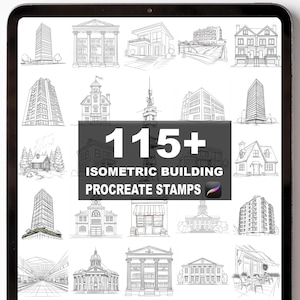 Pode incluir: Um tablet digital exibe uma coleção de selos de edifícios isométricos arquitetônicos. A imagem apresenta várias ilustrações de edifícios, incluindo arranha-céus, casas e estruturas comerciais. O texto na imagem diz "115+ Isometric Building Procreate Stamps."