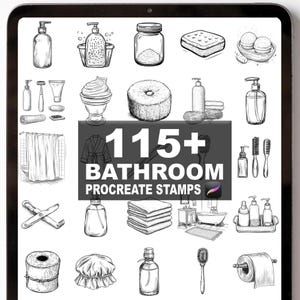 May include: A digital illustration of various bathroom items, including soap dispensers, a shower curtain, towels, and a bathtub. The image also features the text "115+ BATHROOM PROCREATE STAMPS".