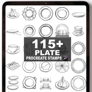 May include: A digital illustration showcasing a collection of 115+ plate designs, Procreate stamps. The plates vary in style, including floral, simple round, and detailed patterns. A teacup, sushi, and folded napkin are also depicted.