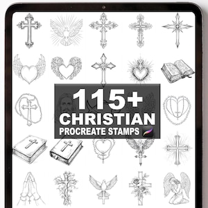 May include: A digital art display featuring a collection of 115+ Christian Procreate stamps. The stamps include crosses, doves, hearts, open books, and praying hands, all in a grayscale color scheme. The text "115+ CHRISTIAN PROCREATE STAMPS" is prominently displayed.