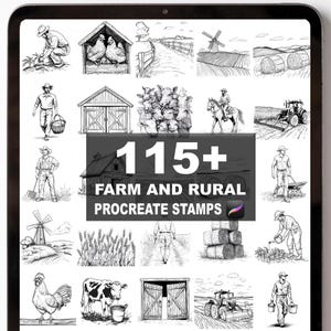 Puede incluir: Ilustración digital en una pantalla de tableta que muestra varios sellos de Procreate con temas de granjas y zonas rurales. Los sellos incluyen imágenes de agricultores, animales, graneros y campos. El texto "115+ FARM AND RURAL PROCREATE STAMPS" es visible.