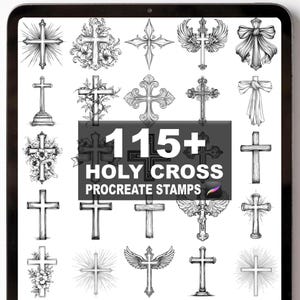 May include: A digital art collection of 115+ Holy Cross Procreate Stamps. The image displays various cross designs, including those with floral, winged, and ribbon details. The crosses are rendered in grayscale, showcasing intricate line work.