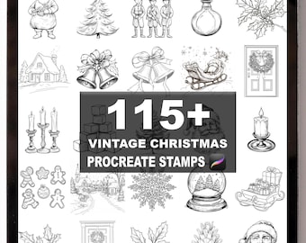 May include: A digital art display featuring a collection of vintage Christmas-themed Procreate stamps. The image showcases over 115 individual black and white illustrations, including Santa Claus, Christmas trees, bells, and other festive elements.