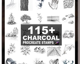 Puede incluir: Una tableta digital muestra una colección de sellos de Procreate de carbón. La imagen presenta varios bocetos, incluyendo una cara, una mano, un árbol, flores, y el texto "115+ CHARCOAL PROCREATE STAMPS". Las ilustraciones son en blanco y negro.