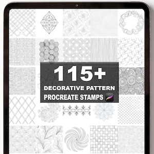 May include: A digital tablet displays a collection of 115+ decorative pattern Procreate stamps. The stamps feature various black and white designs, including geometric shapes, floral motifs, and abstract textures, ideal for digital art.